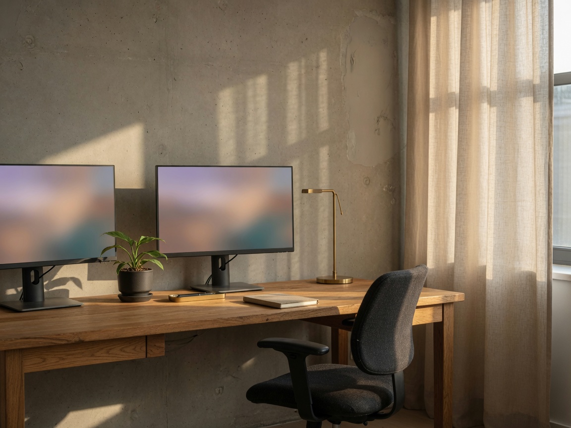 Sunlit technology studio with an oak desk, dual monitors, and an empty chair in a quiet DUNAMYX workspace.
