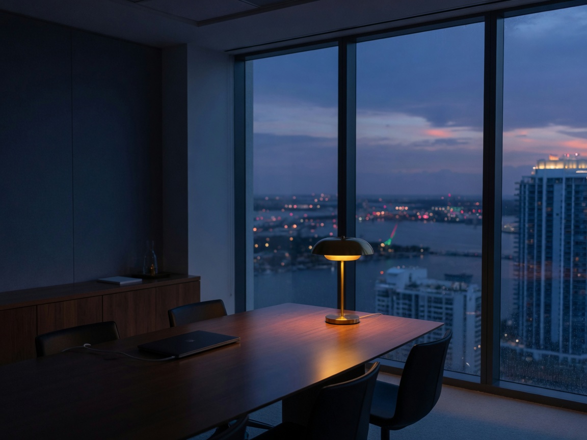 Empty glass conference room at dusk overlooking a South Florida skyline, used for client consultations at DUNAMYX.