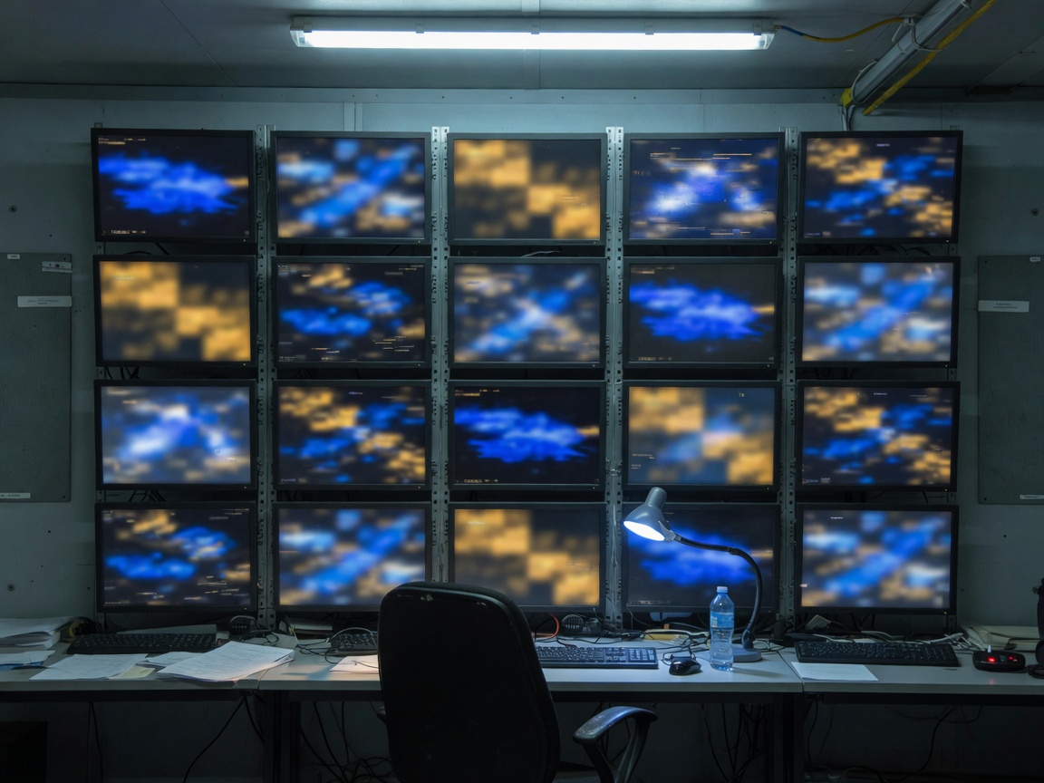 Operations desk facing a wall of monitoring screens with abstract telemetry in a dim room.