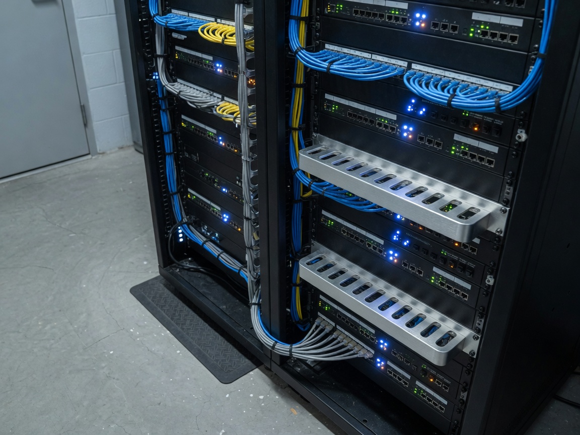 Organized network rack with neatly dressed cables and status lights in a small-business IT closet.