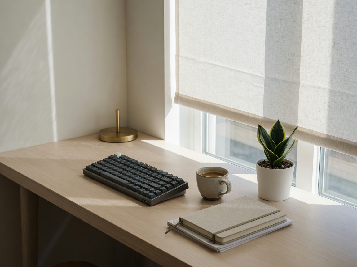 Sunlit developer bench beside a window with a keyboard, ceramic cup, and a closed notebook.