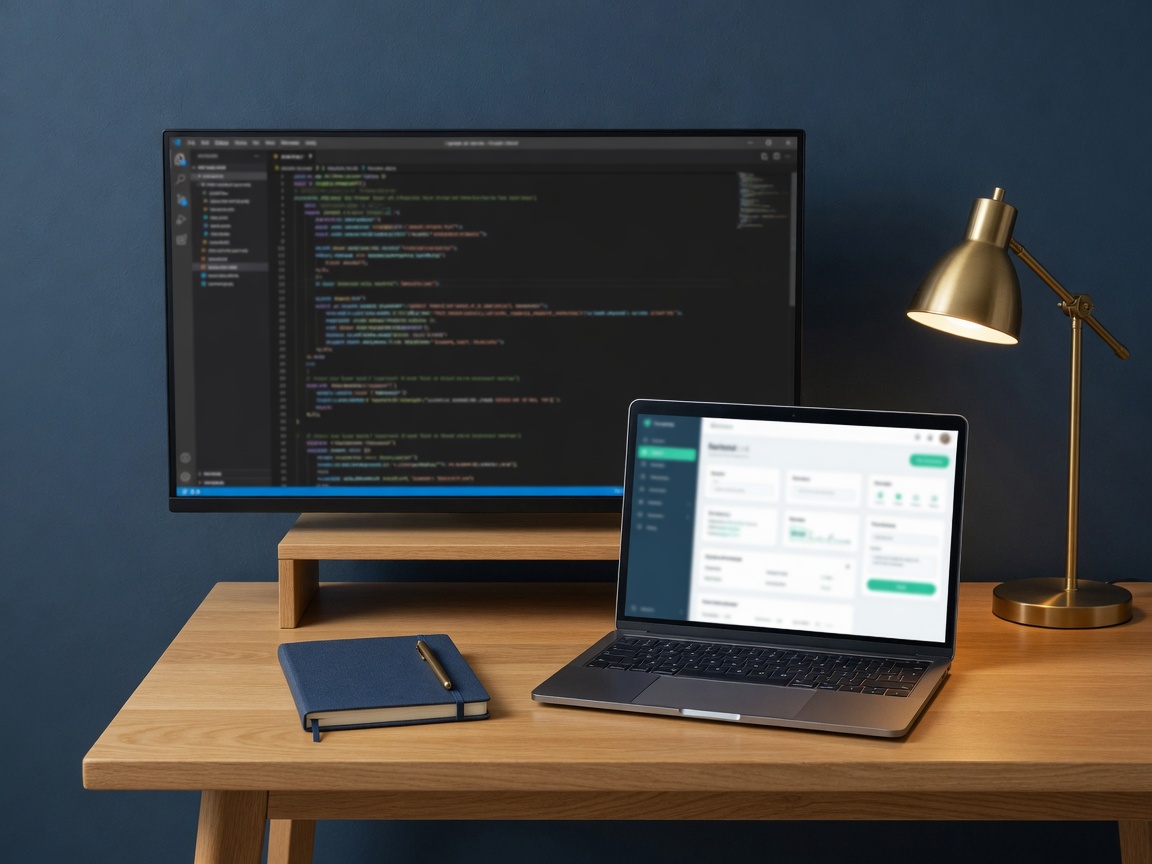 Clean software desk with a dark code editor on a monitor and a Vue-like web app on a laptop, no people.