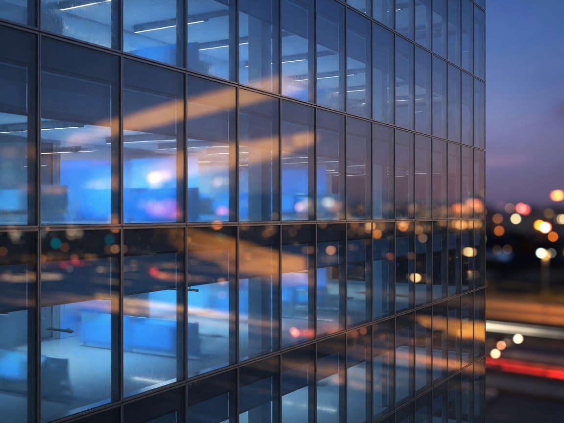 Glass office facade at dusk with cool interior light reflecting across the windows.
