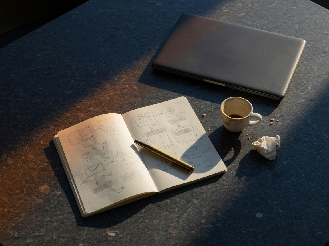 Overhead view of a planning table with a closed laptop, notebook, and espresso after a strategy session.